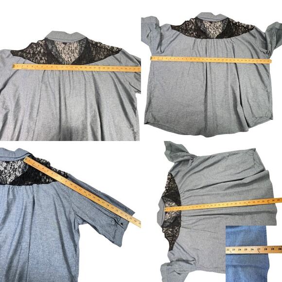 Beverly Drive Chambray & Lace Blouse Tunic 3/4 Roll Tab Plus 20-22W Blue Black - Picture 12 of 12